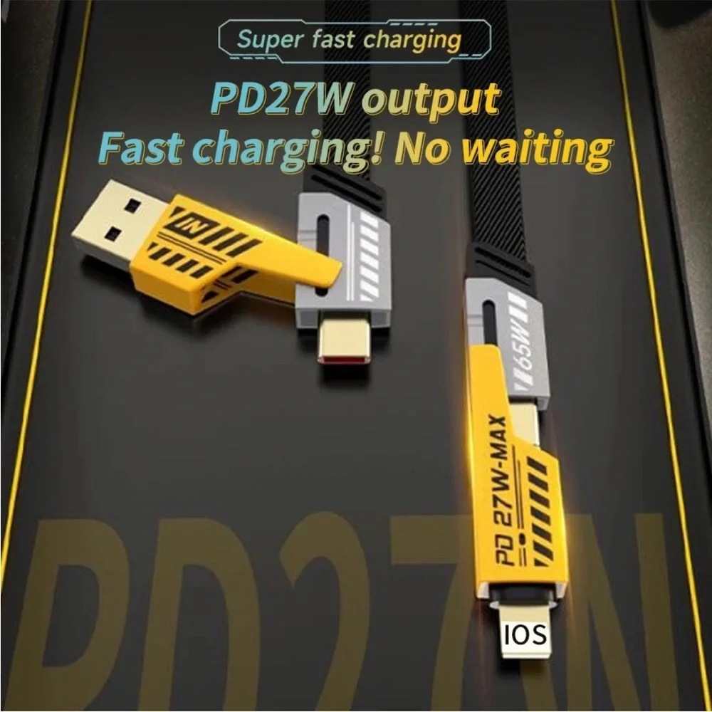 🆕4-in-1 USB TYPEC 6FT Cable 65W Fast Charging Flat Braided Anti-Tangle Universal